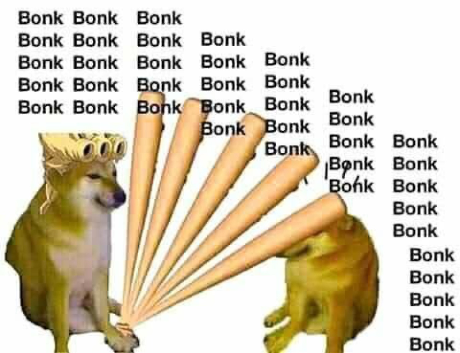 Cheems swinging a flurry of bats with 'Bonk' repeated everywhere