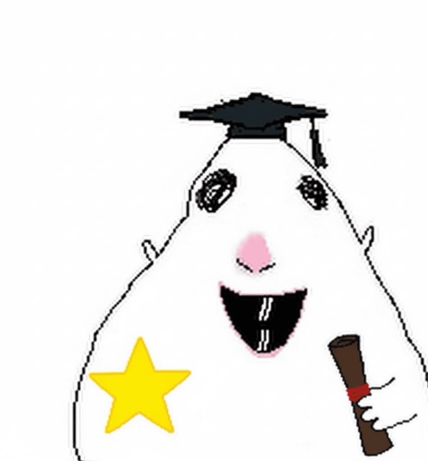 Smiling white blob in a graduation cap holding a diploma with a gold star