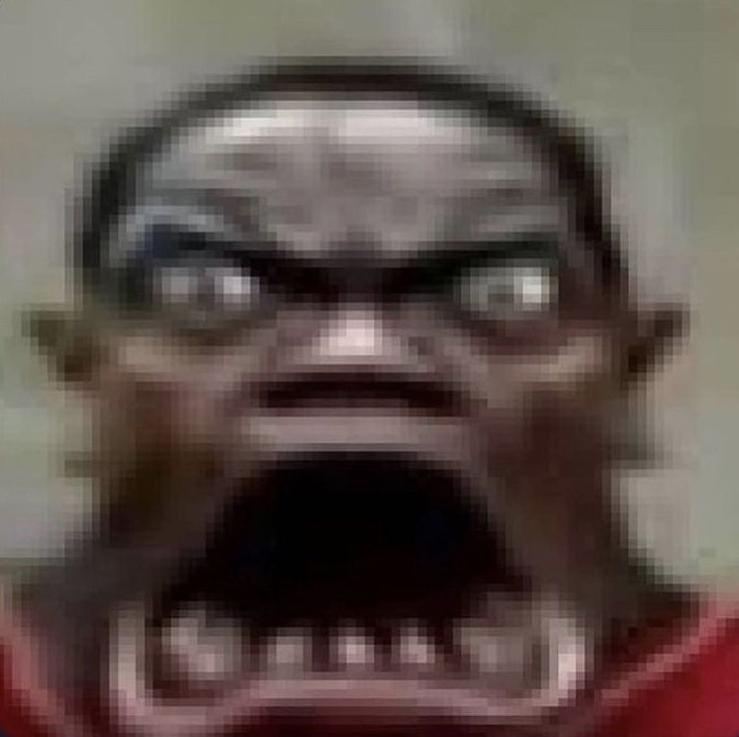 Extremely pixelated close-up of a person's wide-open screaming mouth with intense glare