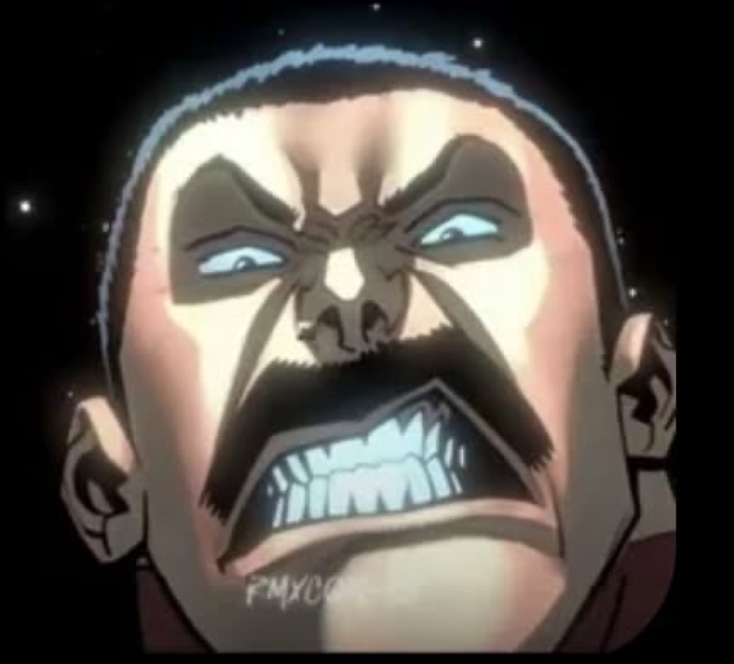 Anime villain close-up with glowing eyes and teeth bared in intense rage, dark dramatic lighting