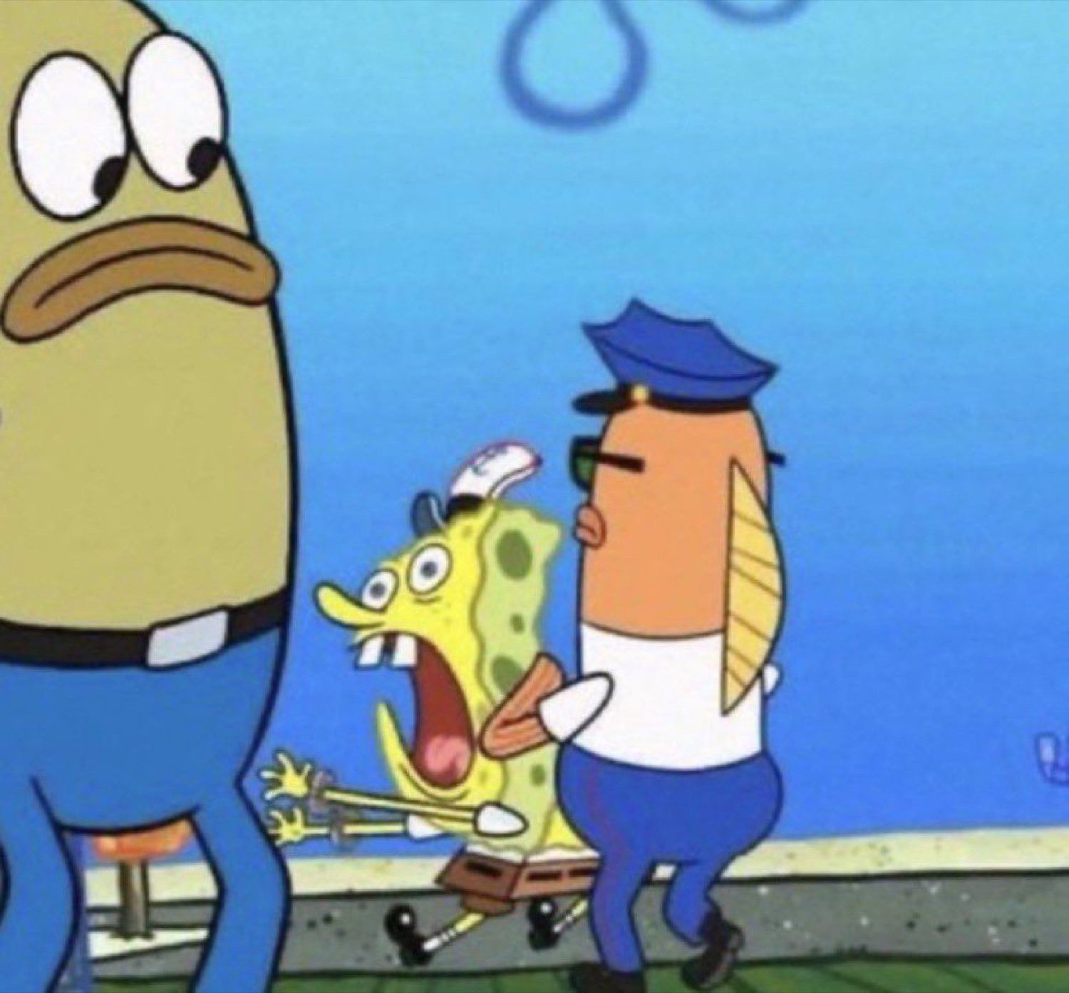 SpongeBob screaming and being dragged away by a cop fish as a bystander watches
