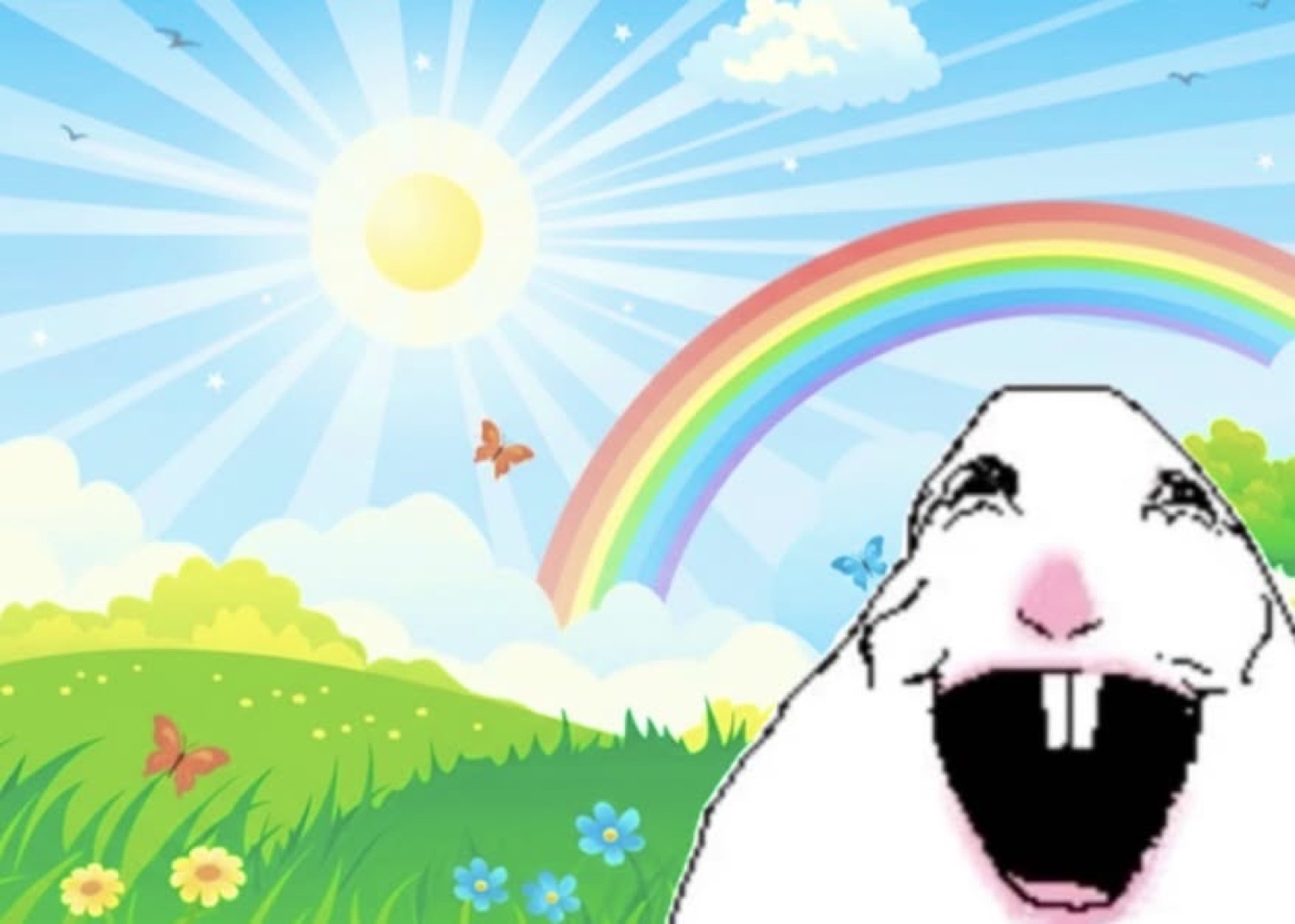 Wobbly white cartoon face sobbing with its mouth wide open over a sunny rainbow meadow