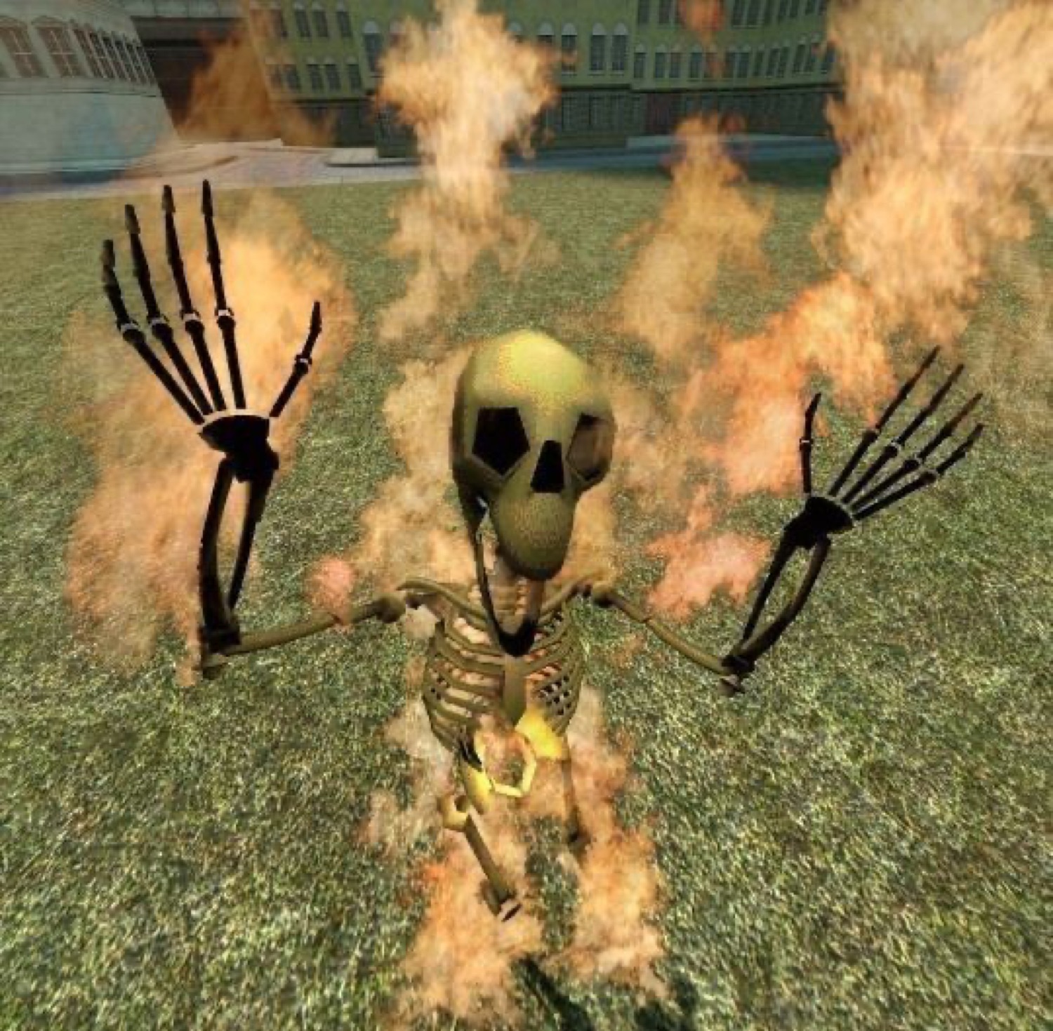 Spooky skeleton on fire with its arms raised in a field