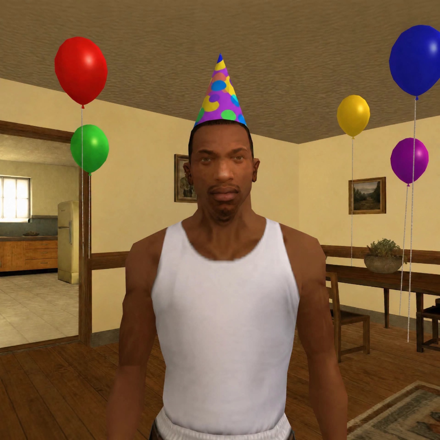 CJ from GTA San Andreas in a party hat standing in a room full of balloons