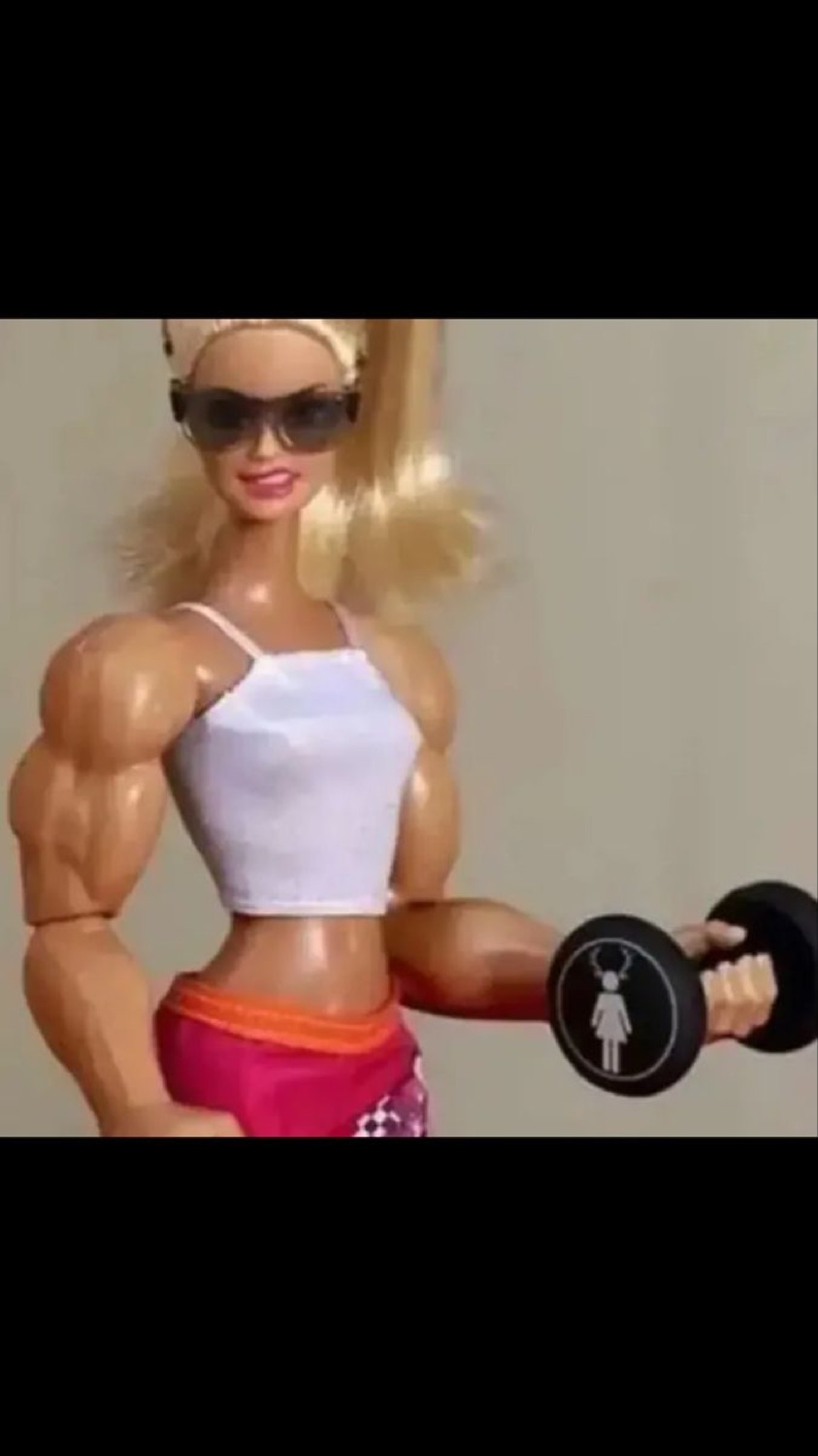 Barbie with huge bodybuilder arms lifting a dumbbell