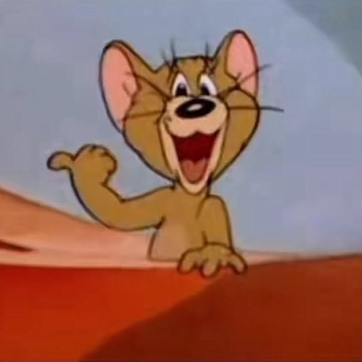 Jerry the mouse grinning ear to ear and gesturing at himself