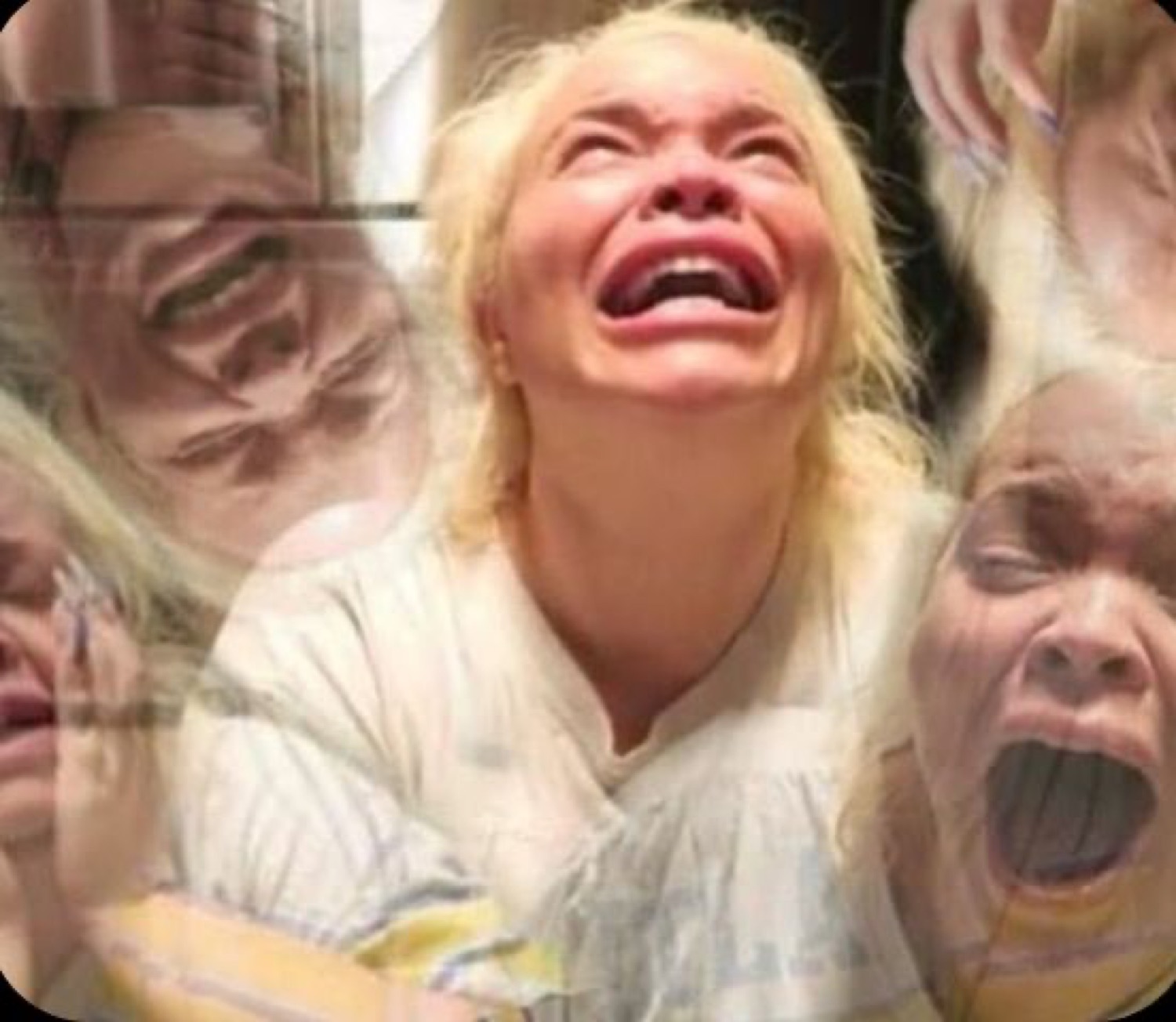 Collage of a woman ugly-crying surrounded by more wailing faces