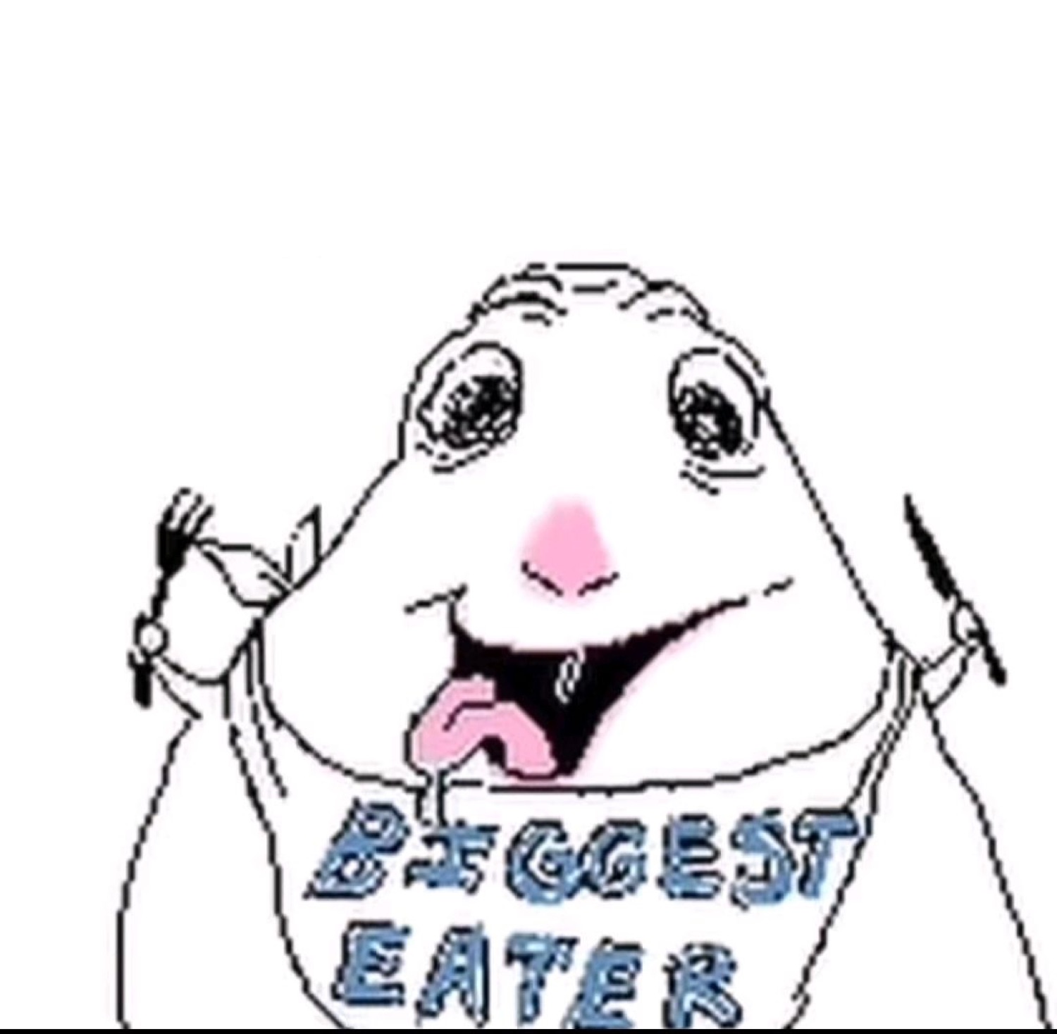 Drooling blob creature with fork and knife, bib reading 'BIGGEST EATER'