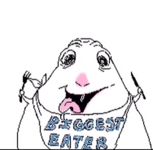 Drooling blob creature with fork and knife, bib reading 'BIGGEST EATER'