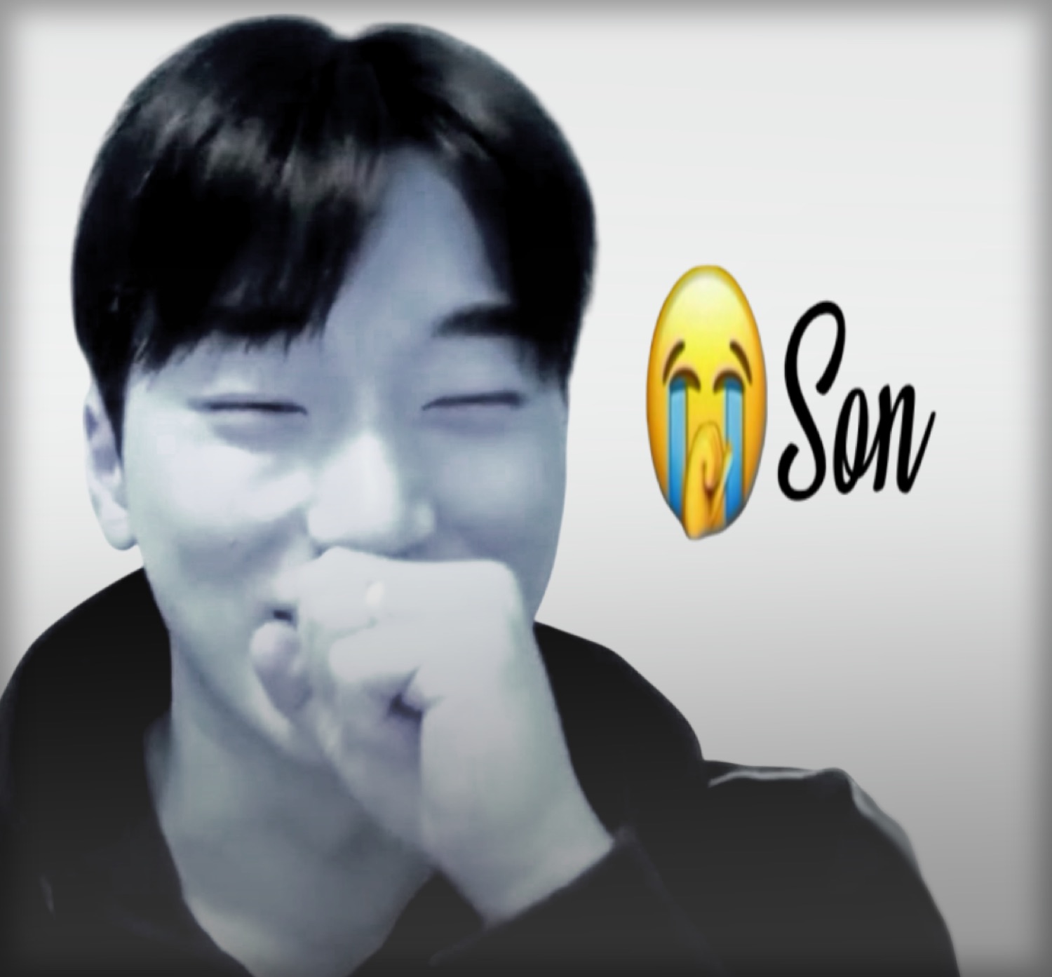 Person covering their mouth mid-laugh with a crying emoji and the word 'Son' beside them