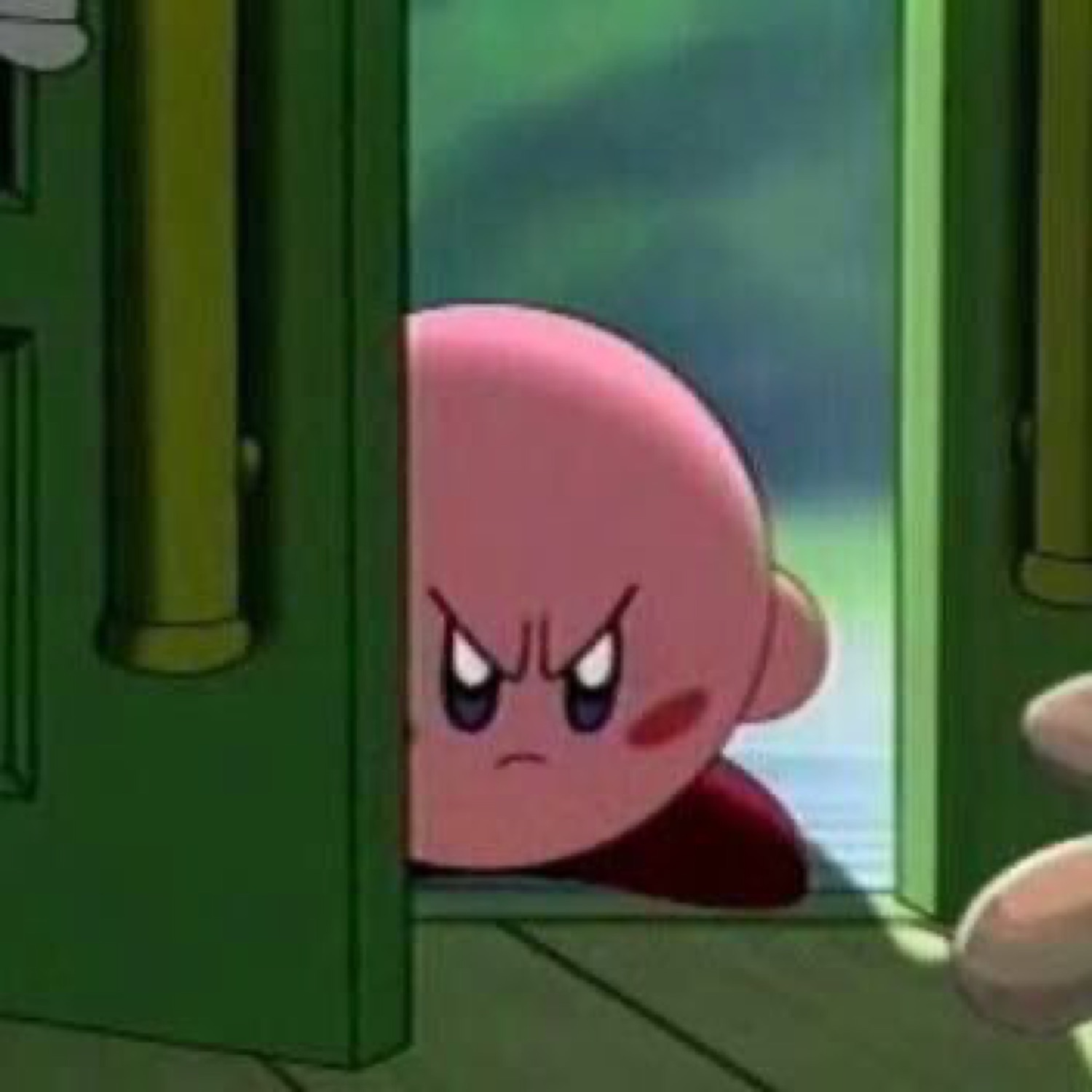 Kirby peeking around a doorway with a furious, glaring scowl