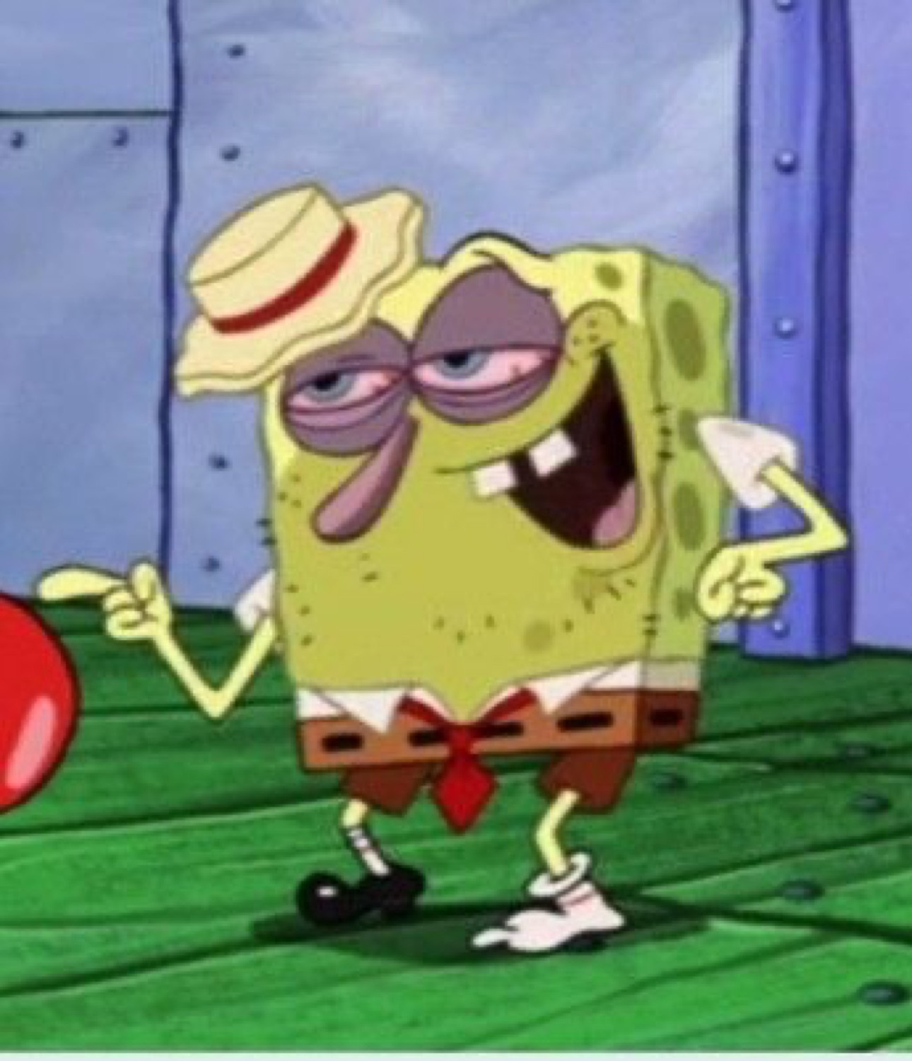 SpongeBob in a country bumpkin outfit, pointing fingers with a sly, half-lidded grin