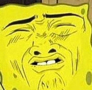 Zoomed-in SpongeBob squinting with a smug, smirking grin