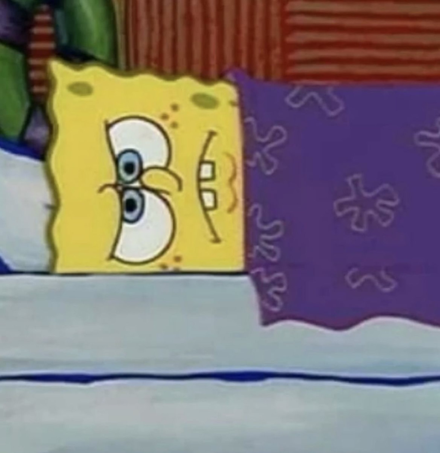 SpongeBob peeking over a blanket with narrowed suspicious eyes