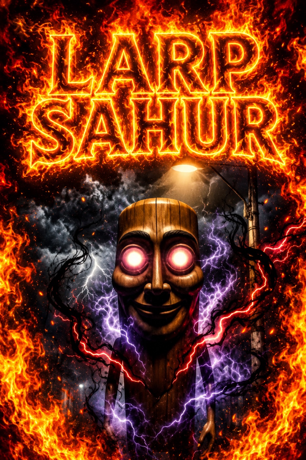 Flaming poster of a glowing-eyed wooden figure: 'LARP SAHUR'