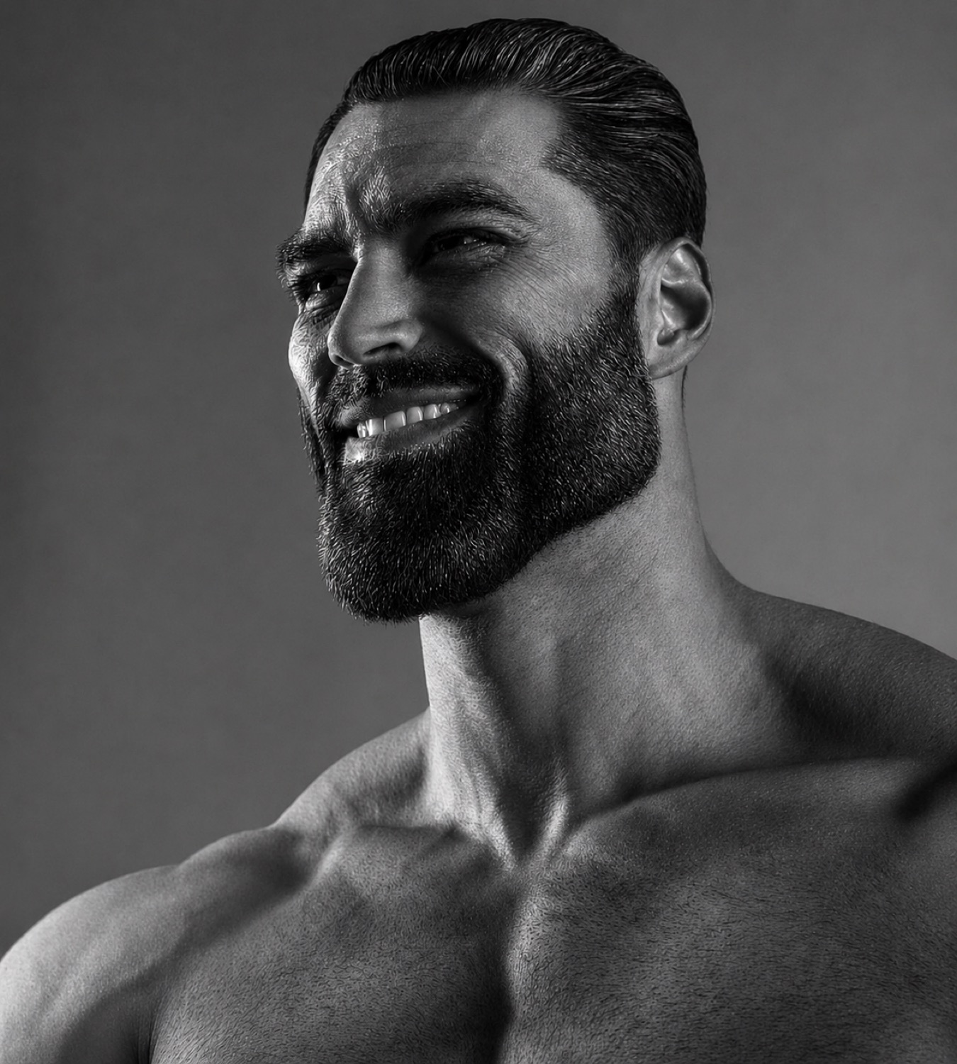 Gigachad grinning and looking off to the side