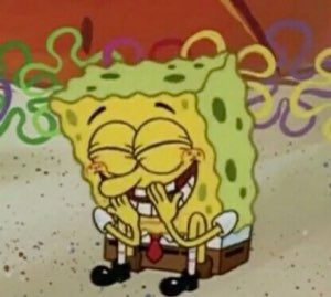 SpongeBob laughing maniacally with hands on cheeks surrounded by confetti