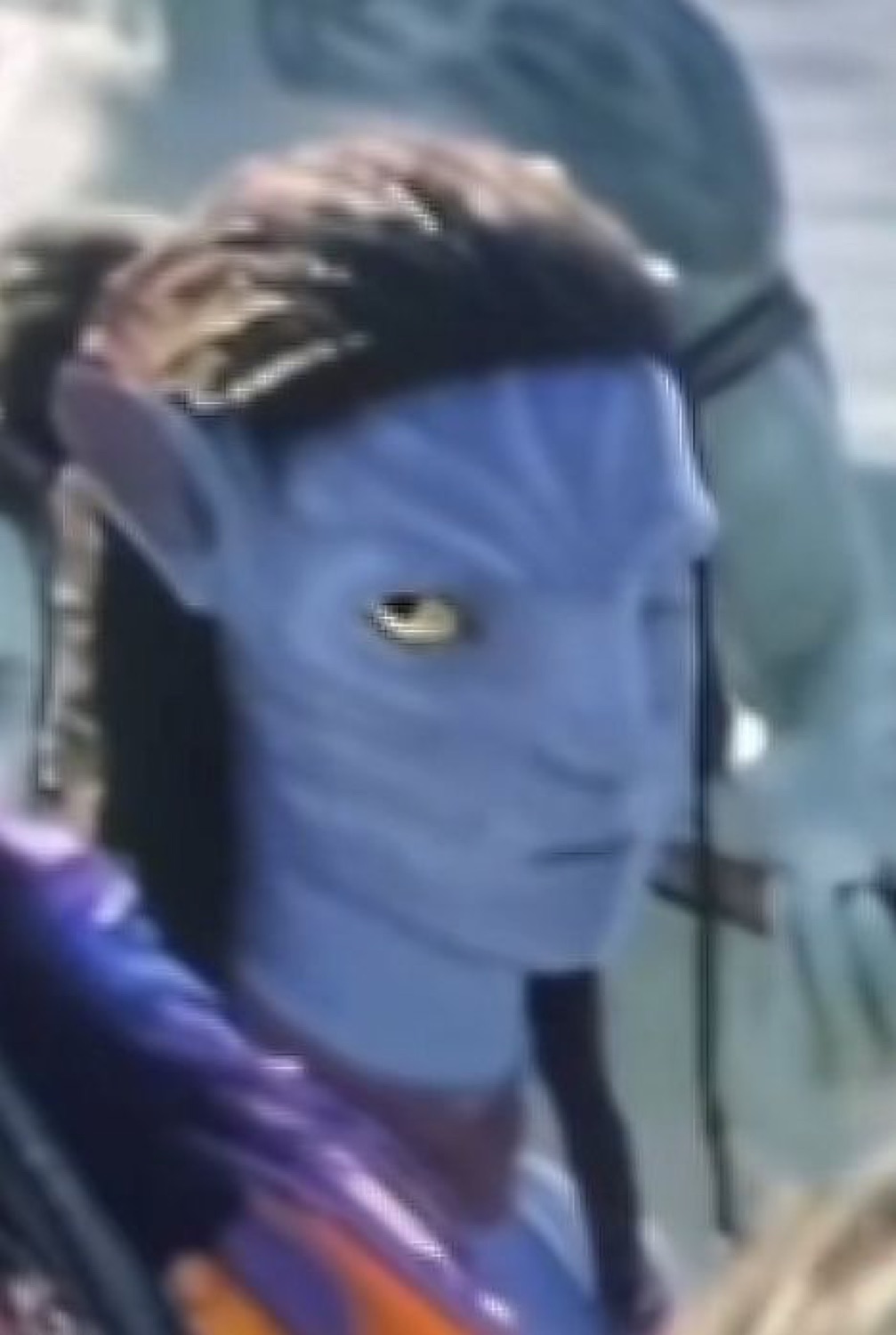 Blue Na'vi from Avatar glancing off to the side with the faintest smirk