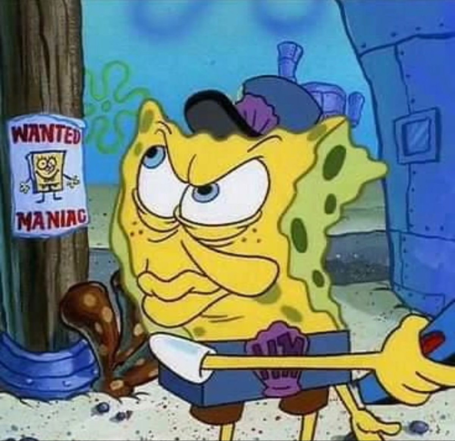 SpongeBob squinting suspiciously next to a 'WANTED MANIAC' poster of himself
