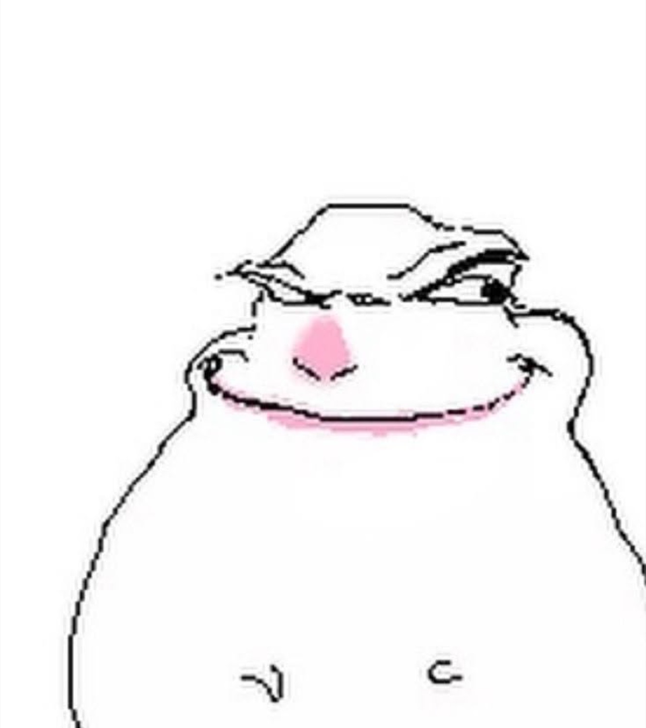 Minimalist blob character giving a slow, knowing smirk with hooded eyes