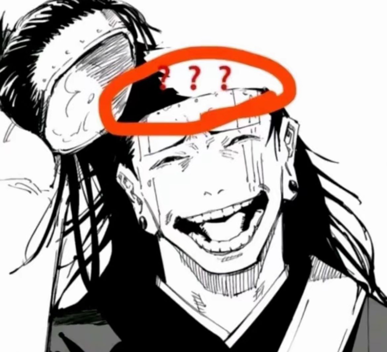 Manga character grinning with question marks circled on their forehead