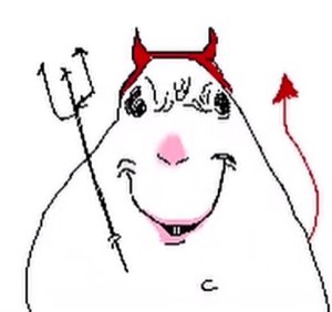 Crude MS Paint blob doodle with tiny devil horns, tail and trident grinning mischievously