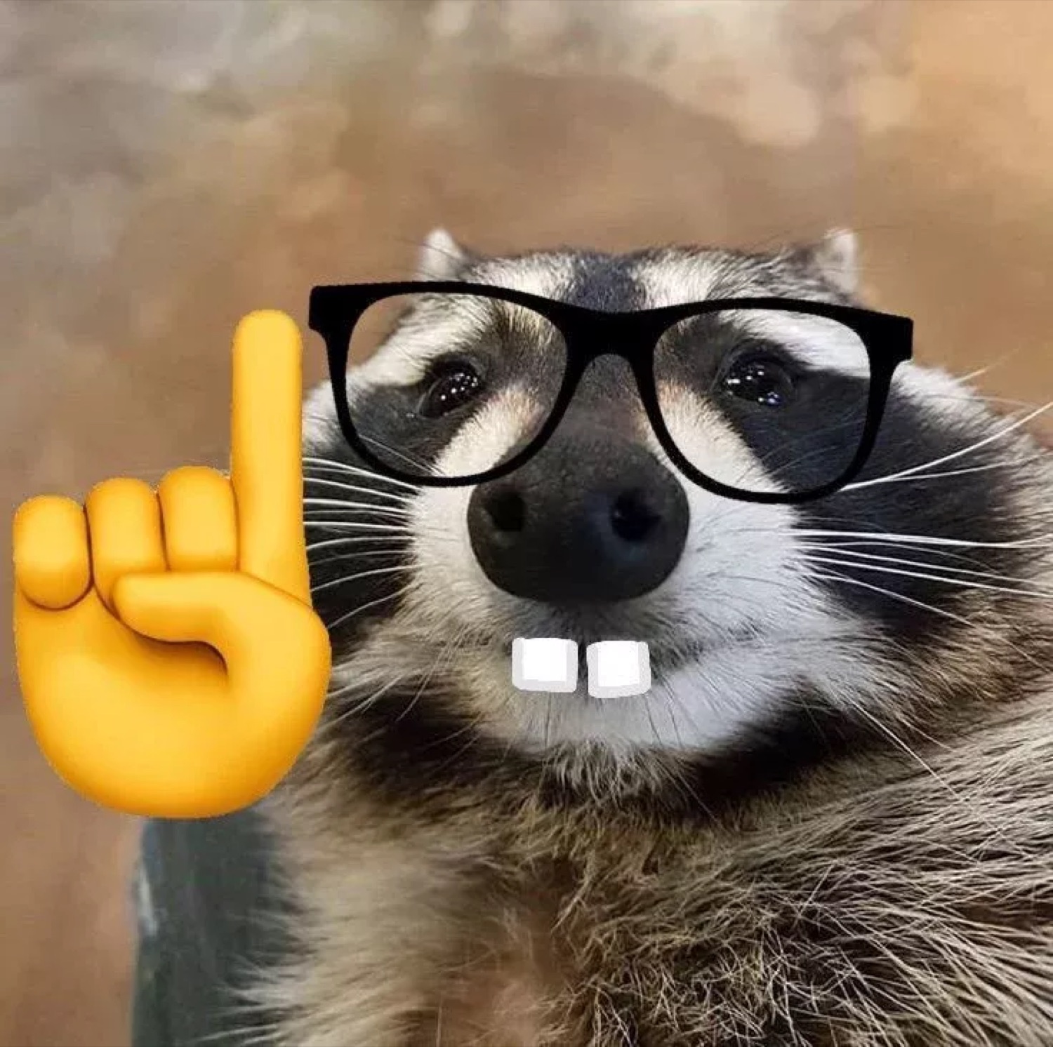 Raccoon in nerdy glasses with buck teeth raising one finger