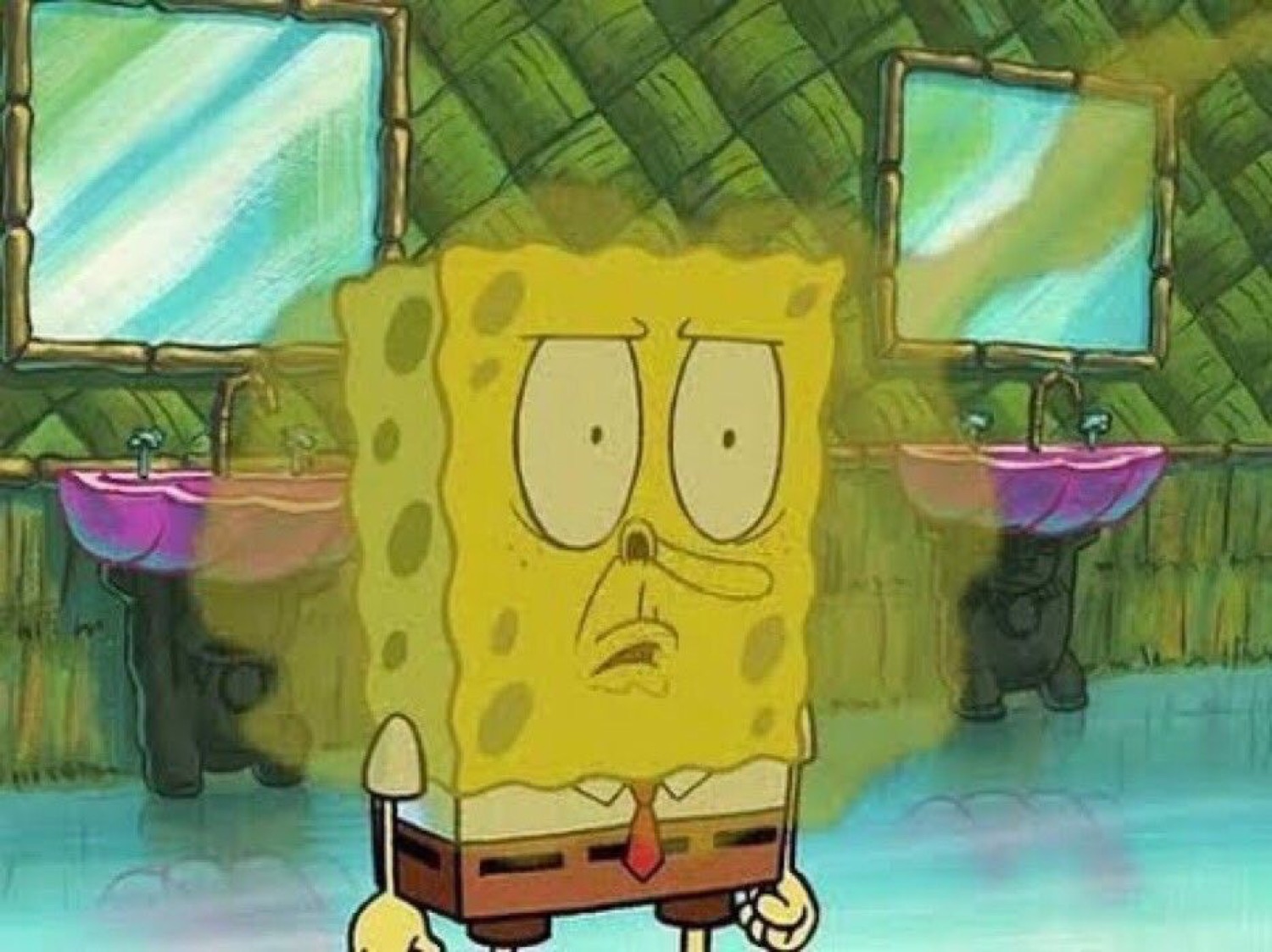 SpongeBob holding his breath in a cloud of green stink