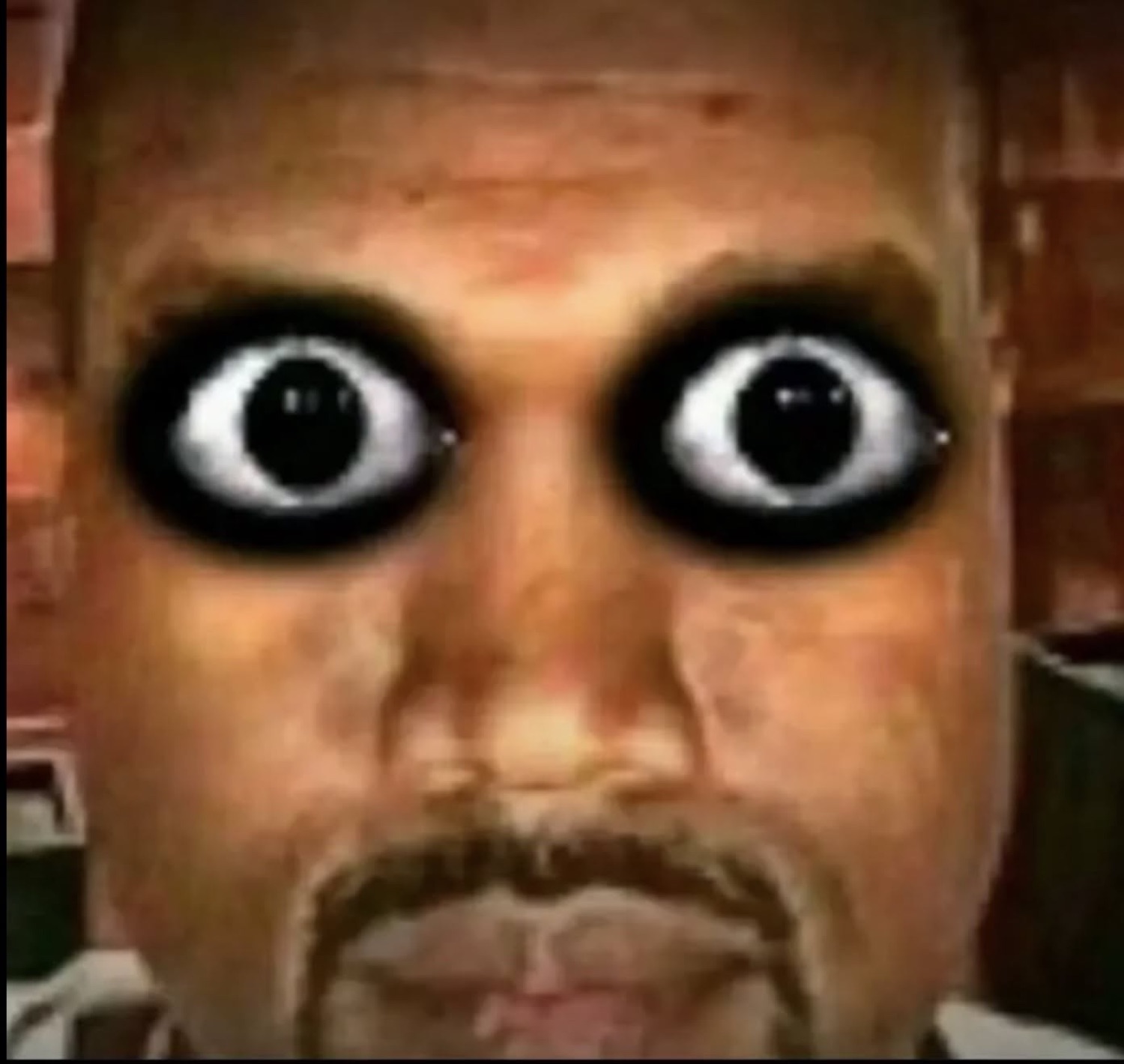 Kanye West edited with huge round cartoon eyes, staring blankly