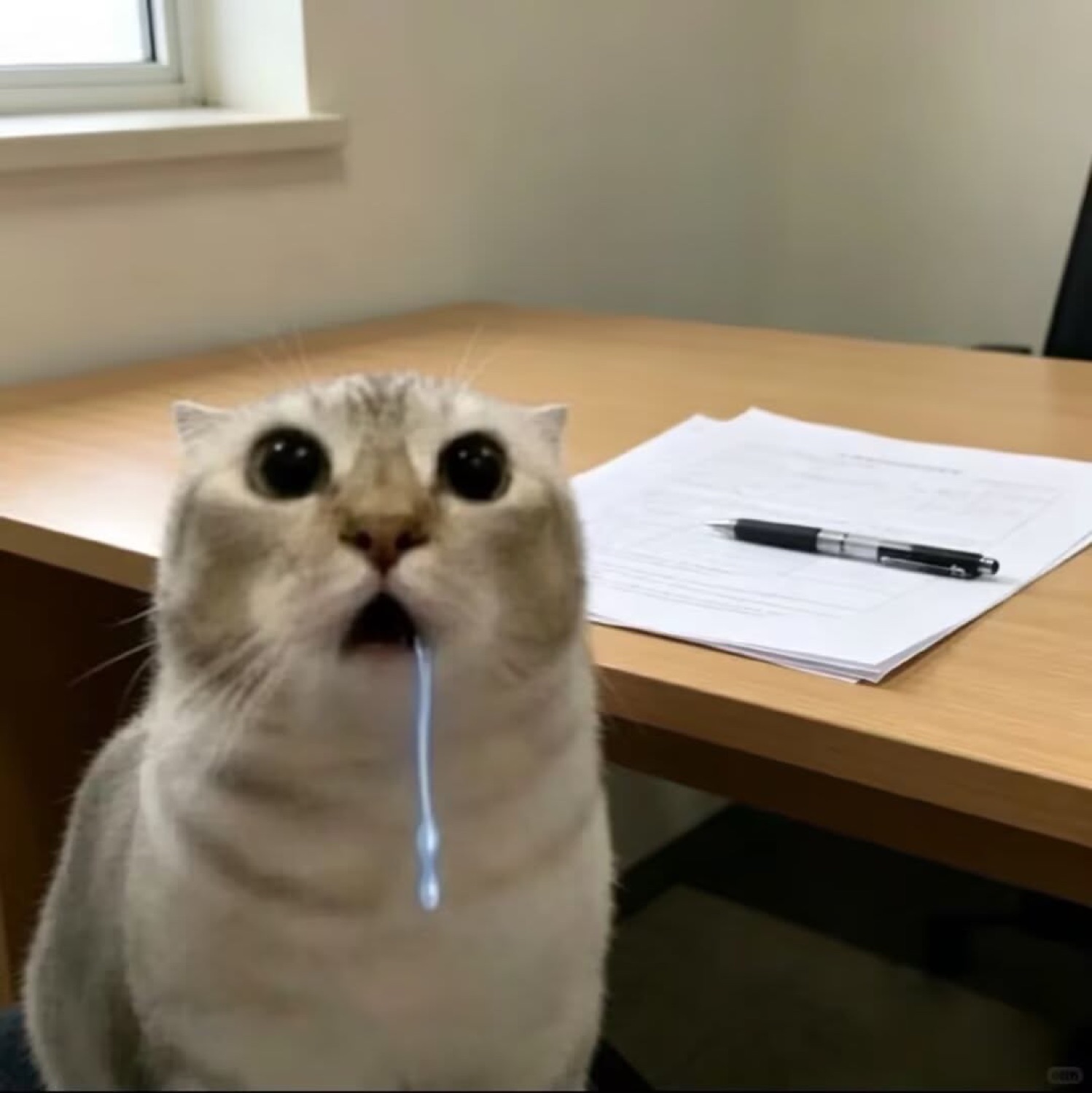 Wide-eyed office cat frozen at a desk with a long string of drool