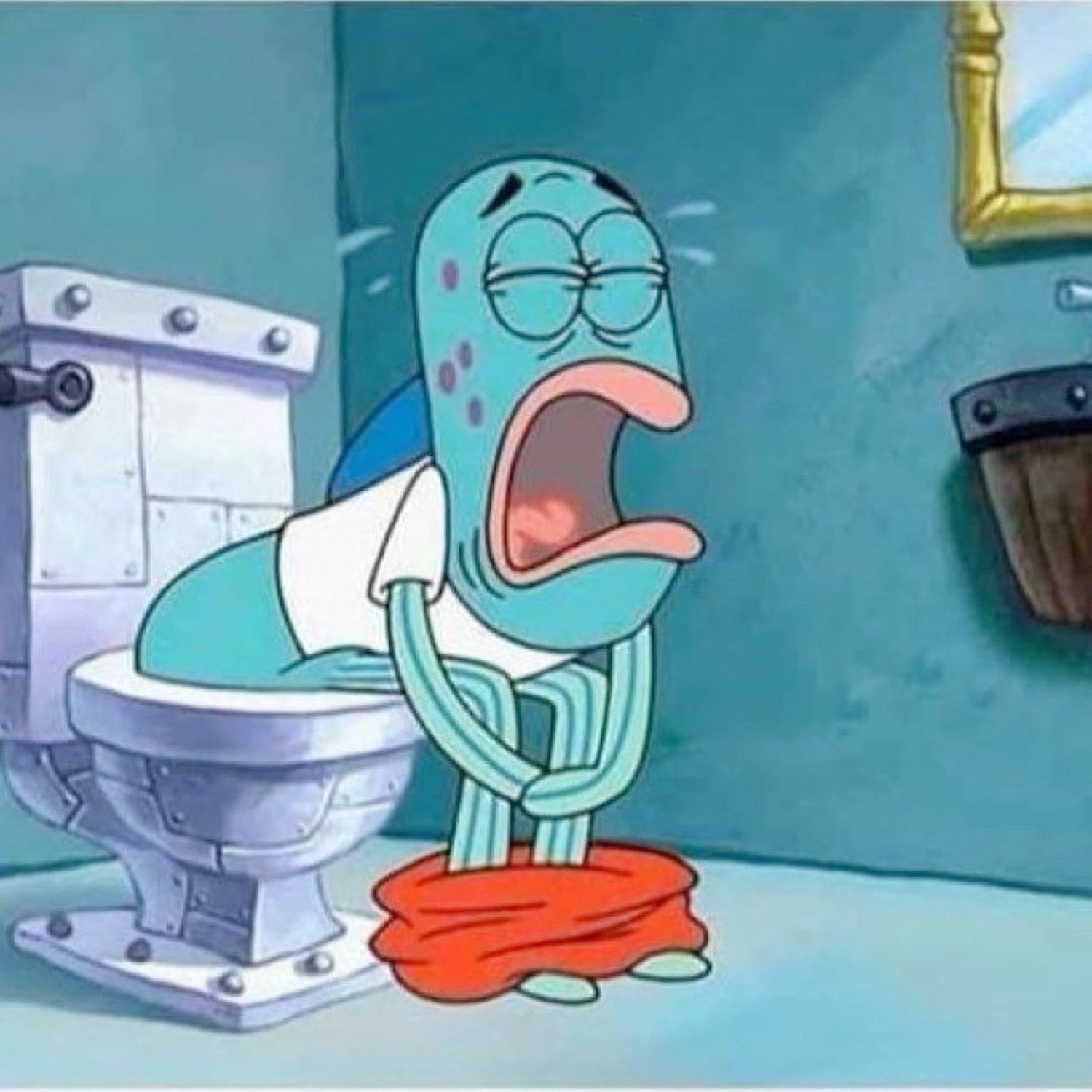 Spongebob fish character slumped over a toilet with pants down, mouth agape in misery