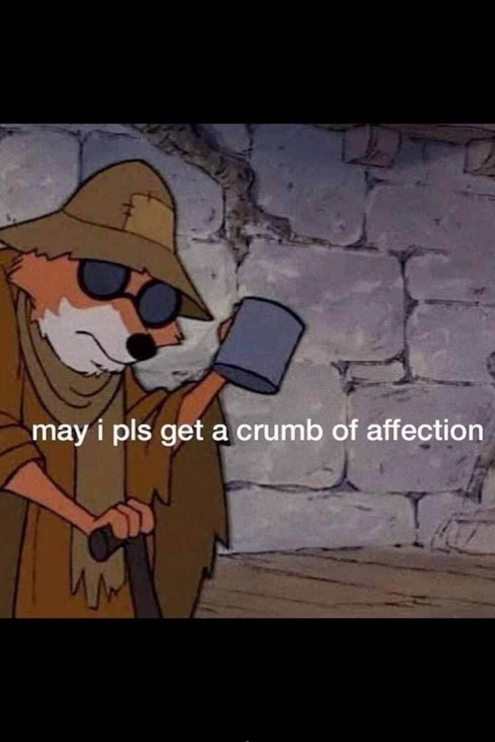 Cartoon fox begging with a cup, captioned 'may i pls get a crumb of affection'