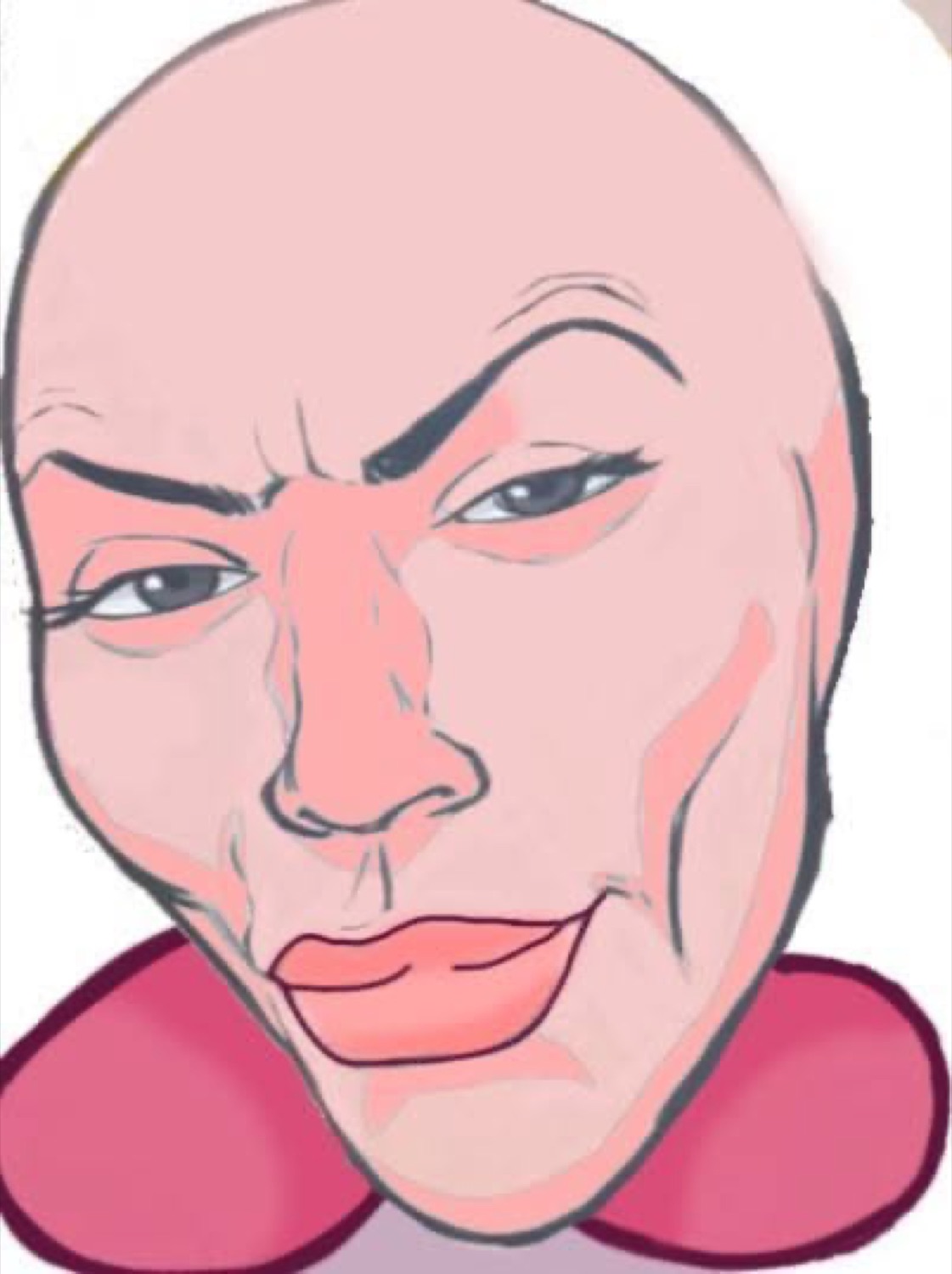 Pink sketch of a smug face wearing a neck pillow