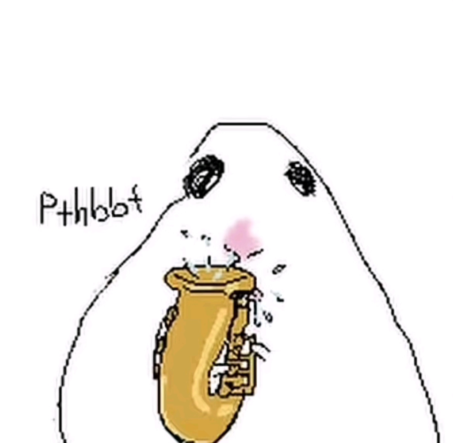 Cute cartoon blob creature blowing a raspberry and playing a saxophone, labelled 'Pthbbt'