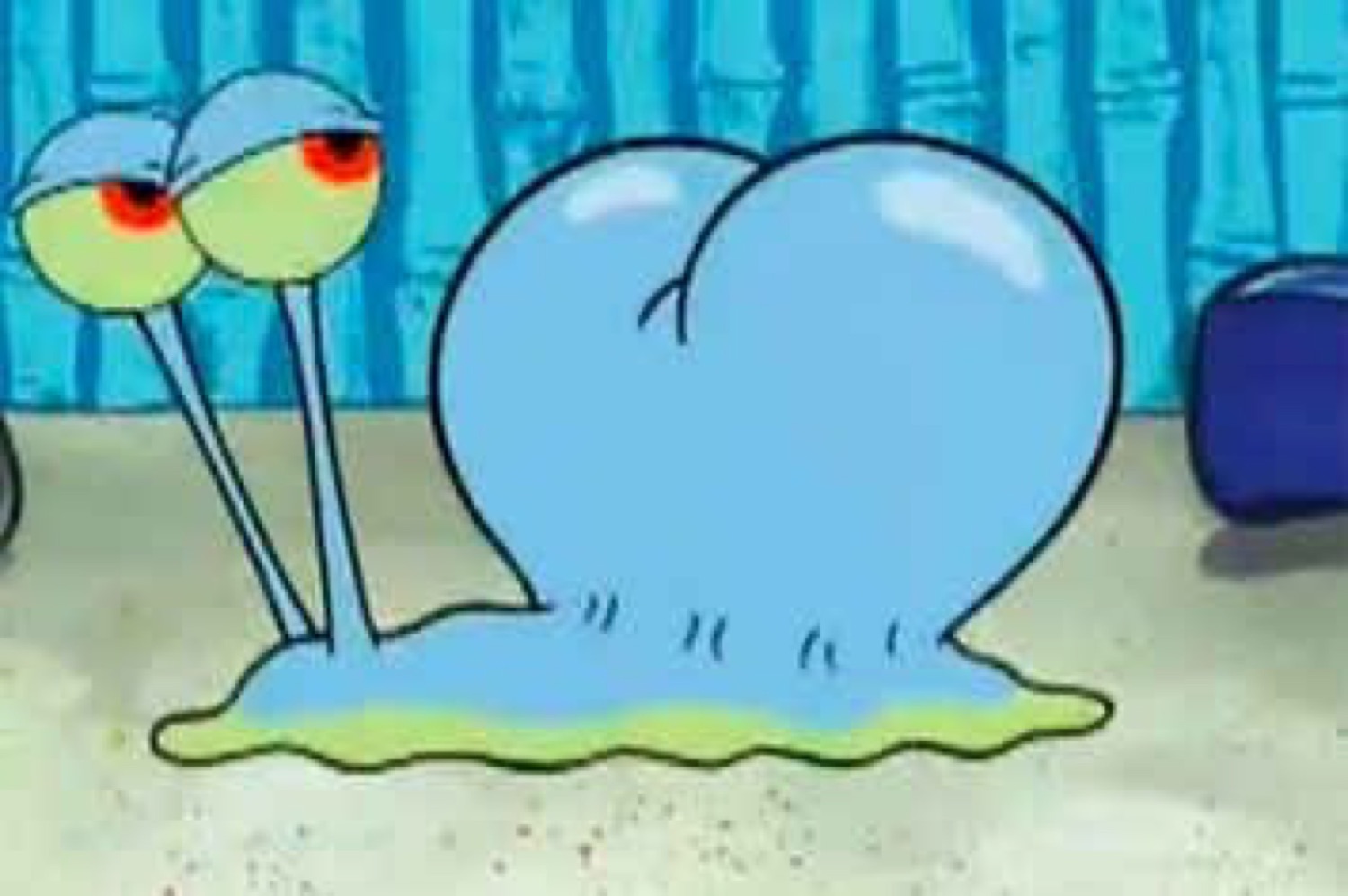 Gary the Snail from SpongeBob slumped on the ground with blood-red tired eyes