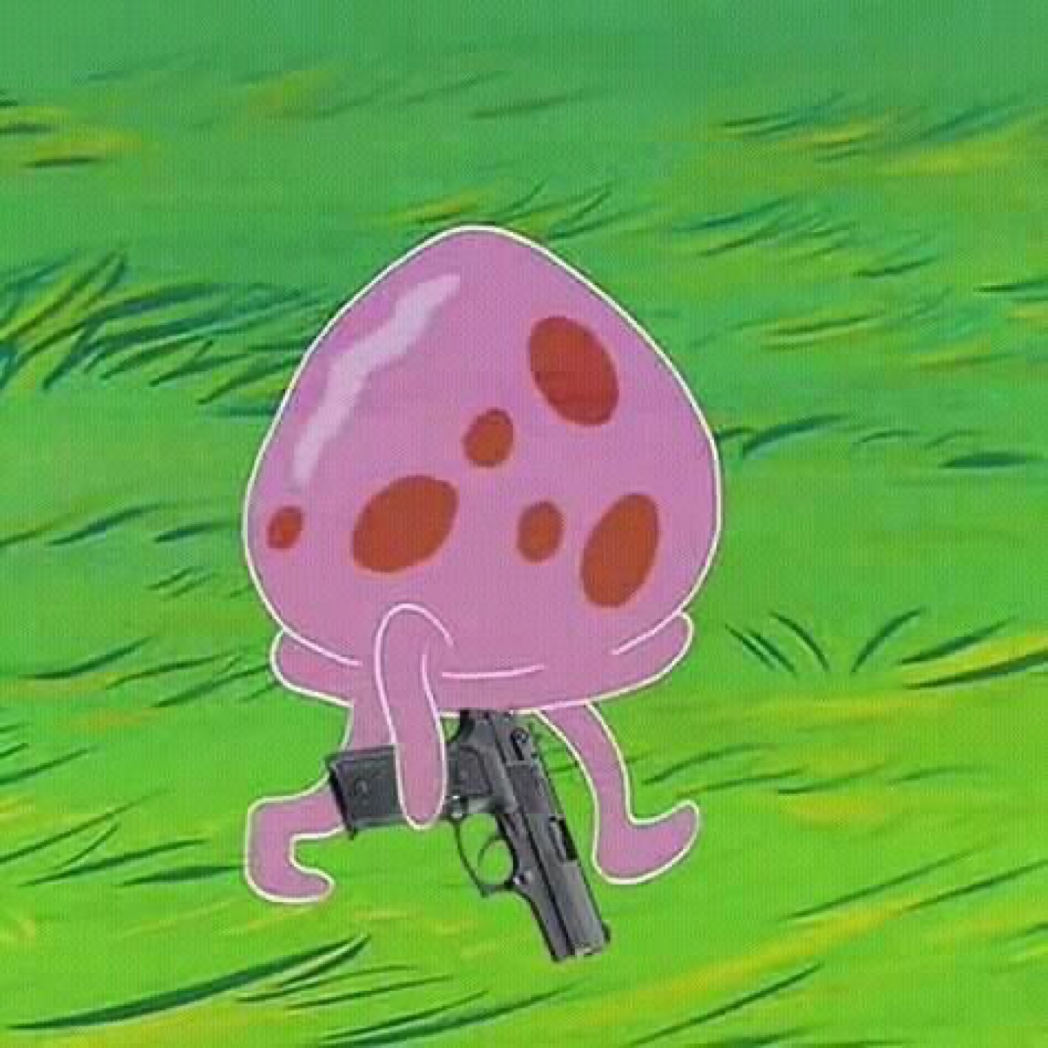 Cartoon pink blob creature holding a handgun as it walks through grass
