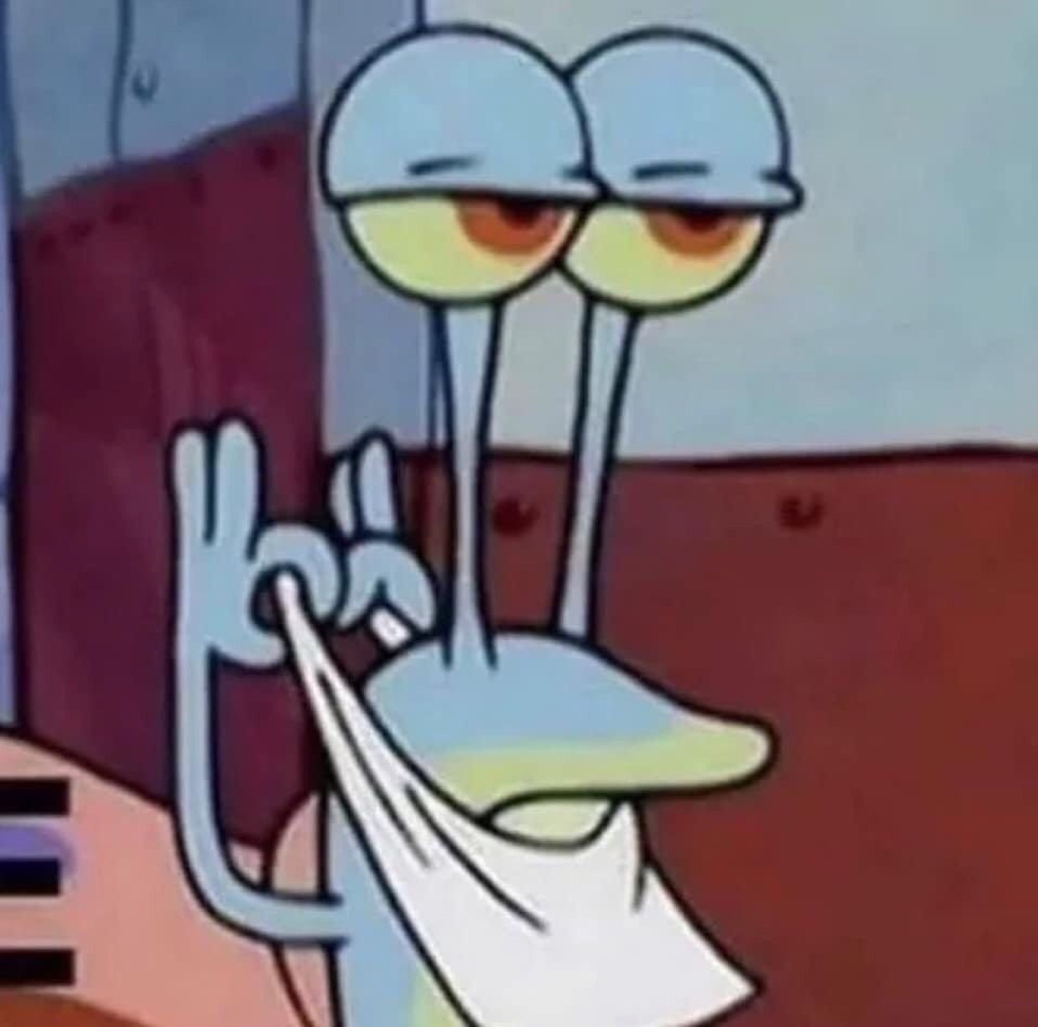 Half-lidded SpongeBob character dabbing his mouth with a napkin, utterly done