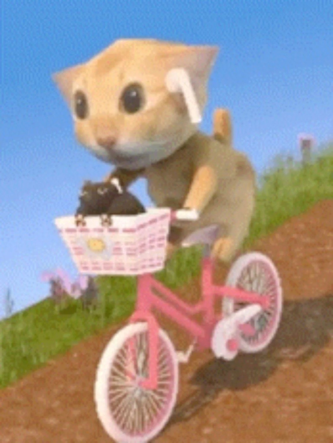 Cat with a hamster-like face riding a pink bike with a basket