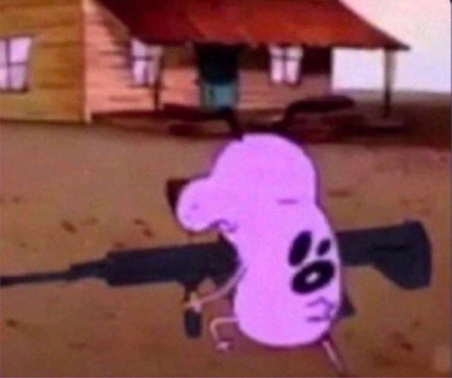 Courage the Cowardly Dog hauling a giant rifle across the yard, dead serious