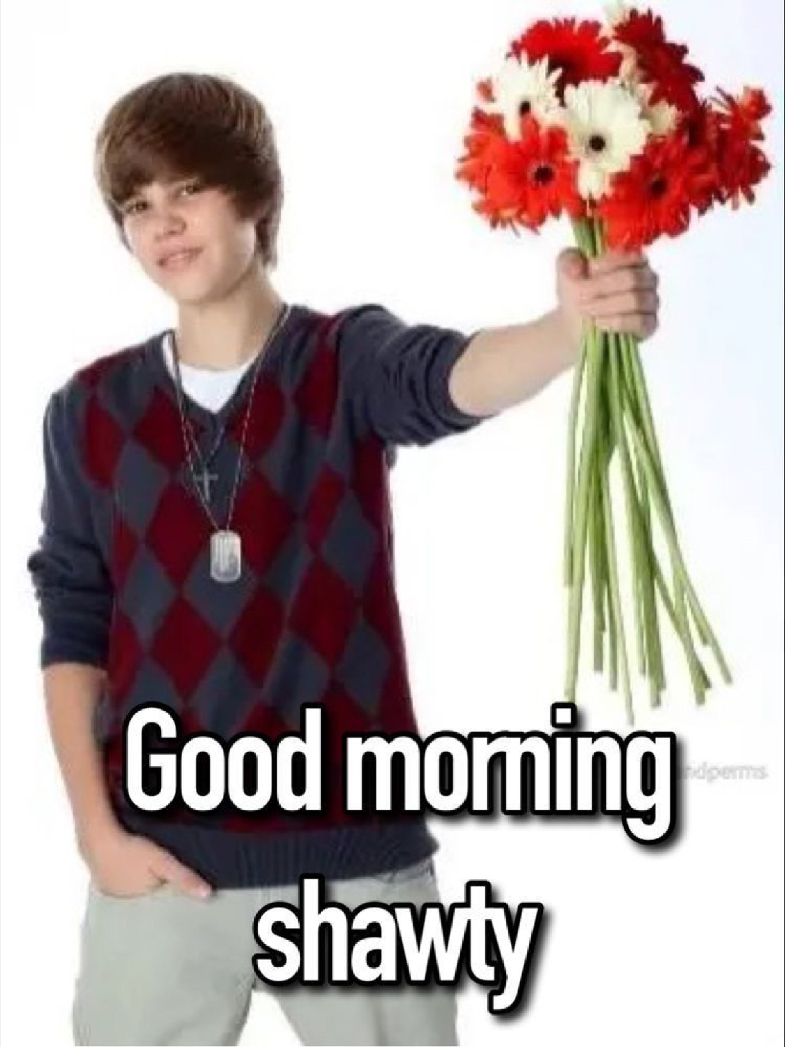 Young Justin Bieber holding out flowers: 'Good morning shawty'