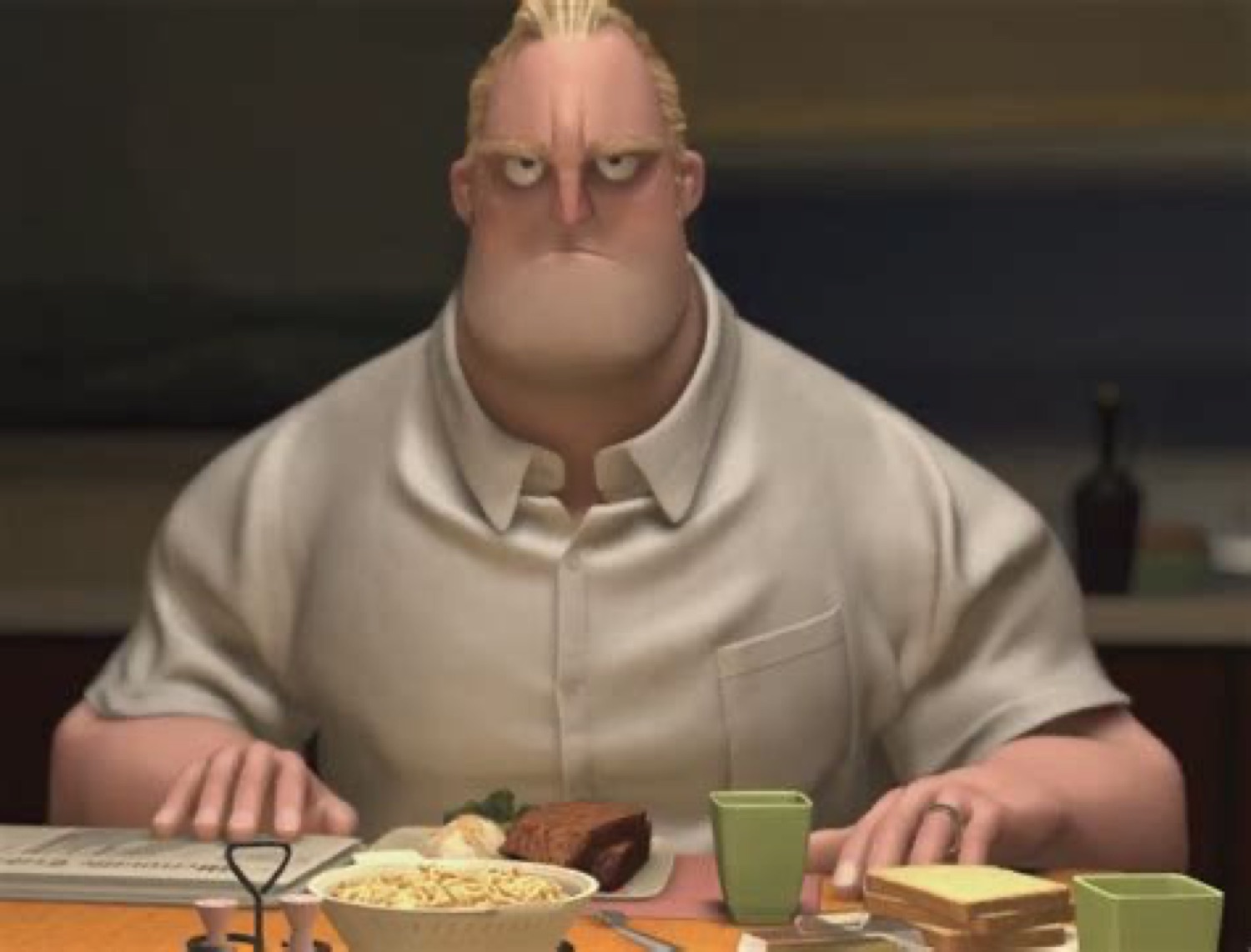 Mr. Incredible squeezed behind the dinner table with a grumpy, annoyed glare