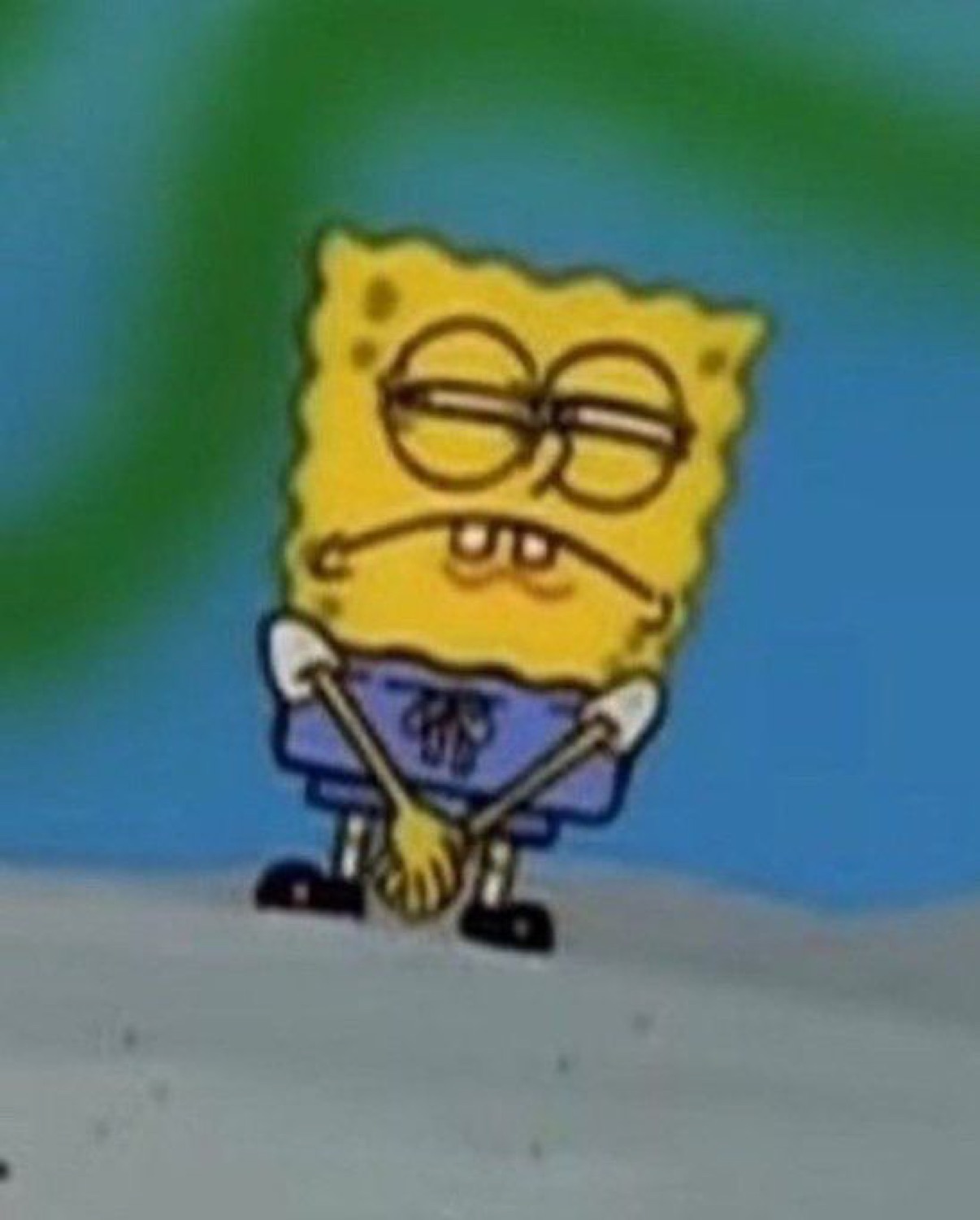 SpongeBob standing with arms crossed and droopy eyes, thoroughly fed up