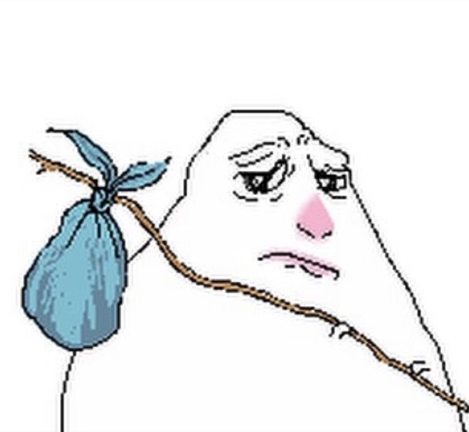 Wojak-style cartoon figure carrying a bindle stick with a sad resigned face