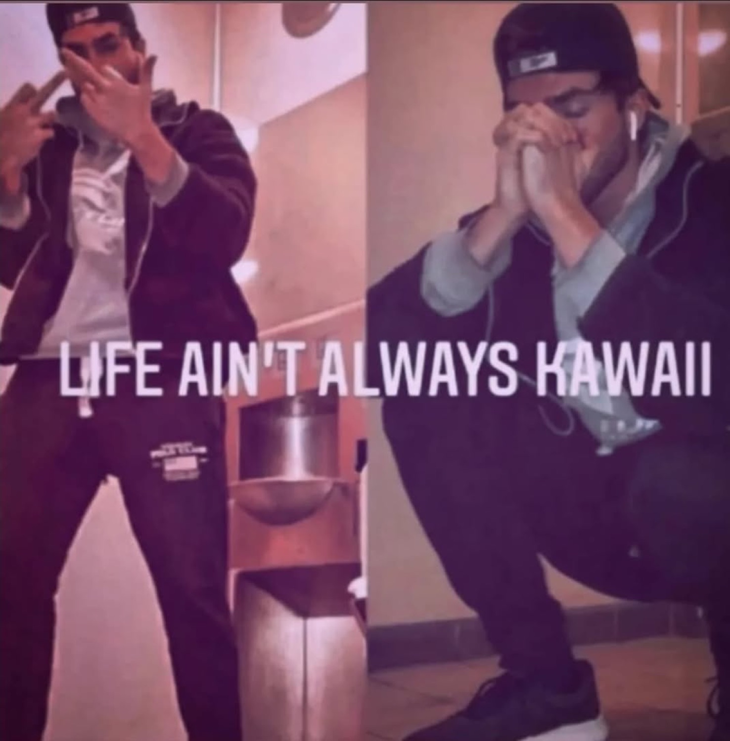 Two guys in matching fits captioned 'LIFE AIN'T ALWAYS KAWAII' — one flexing, one hunched