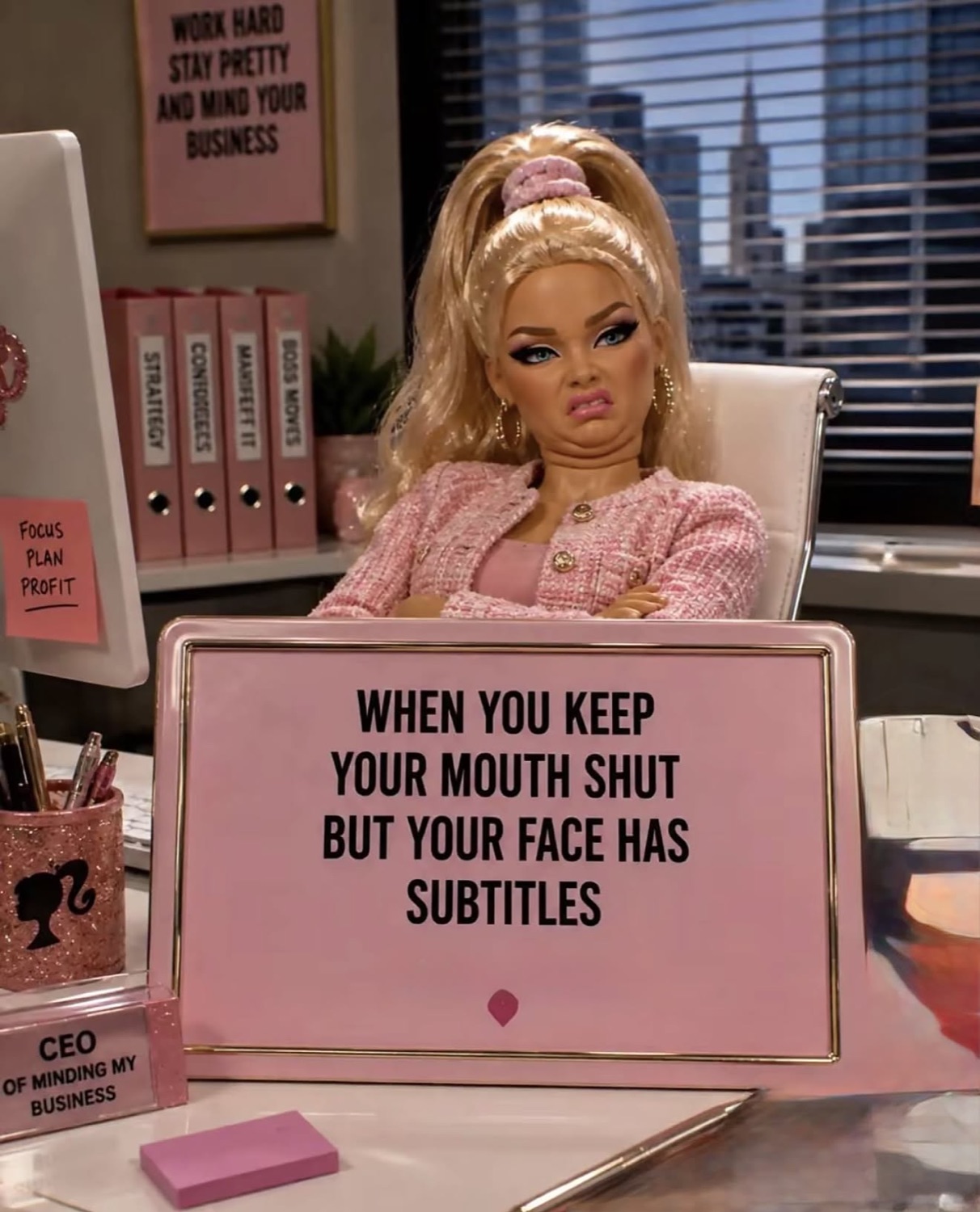 Barbie at a pink desk with a sign: 'WHEN YOU KEEP YOUR MOUTH SHUT BUT YOUR FACE HAS SUBTITLES'