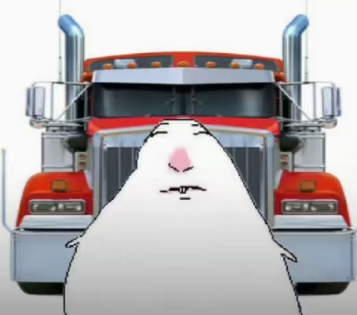 White blob cartoon face standing dead still in front of an oncoming semi truck