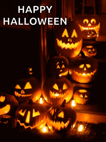 Pile of glowing jack-o-lanterns, "Happy Halloween"
