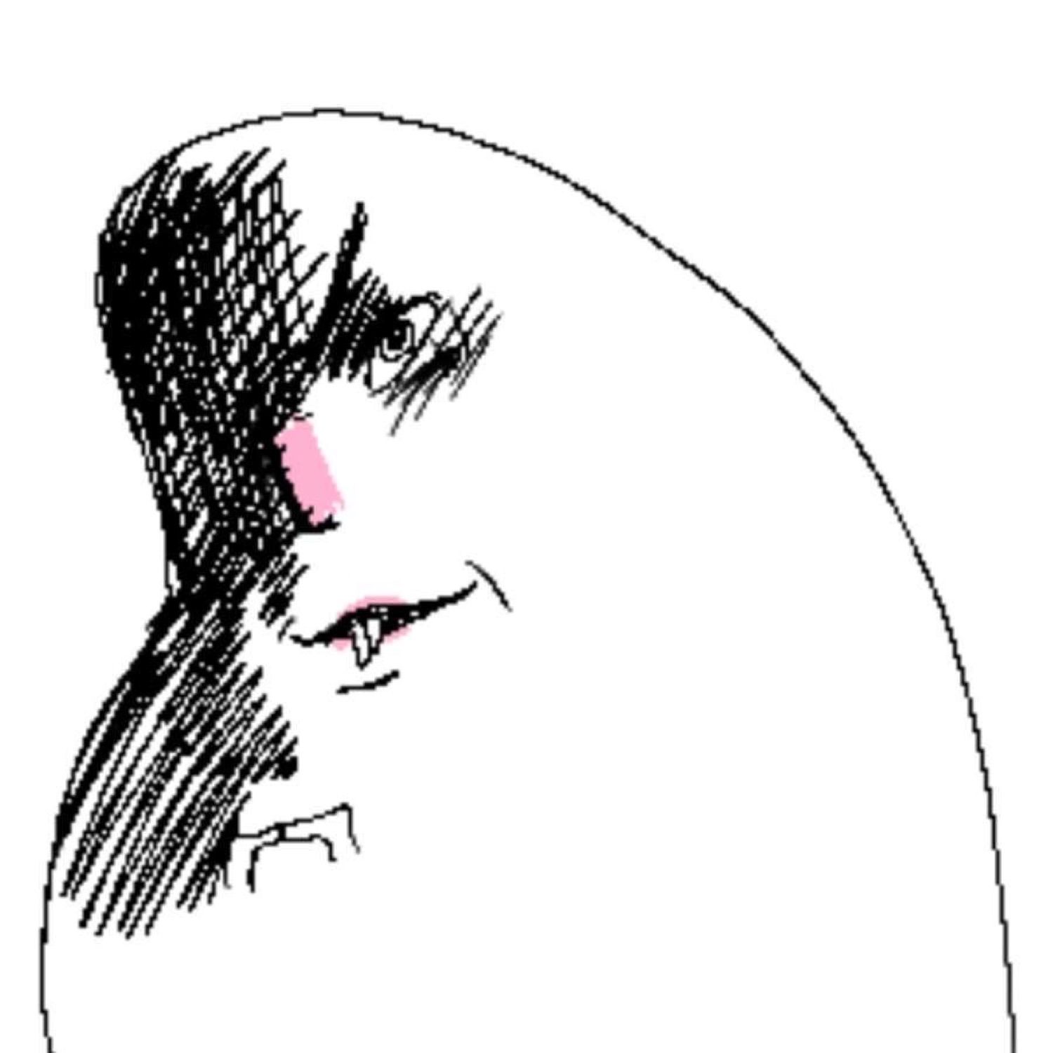 Cartoon blob with messy hair leaning sideways giving a sly half-lidded side glance