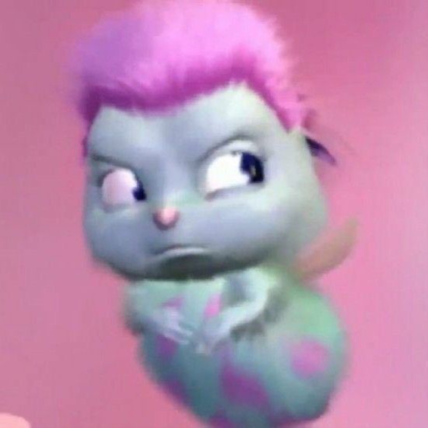 Chubby 3D animated creature with pink hair and a deep scowling frown on a pink background