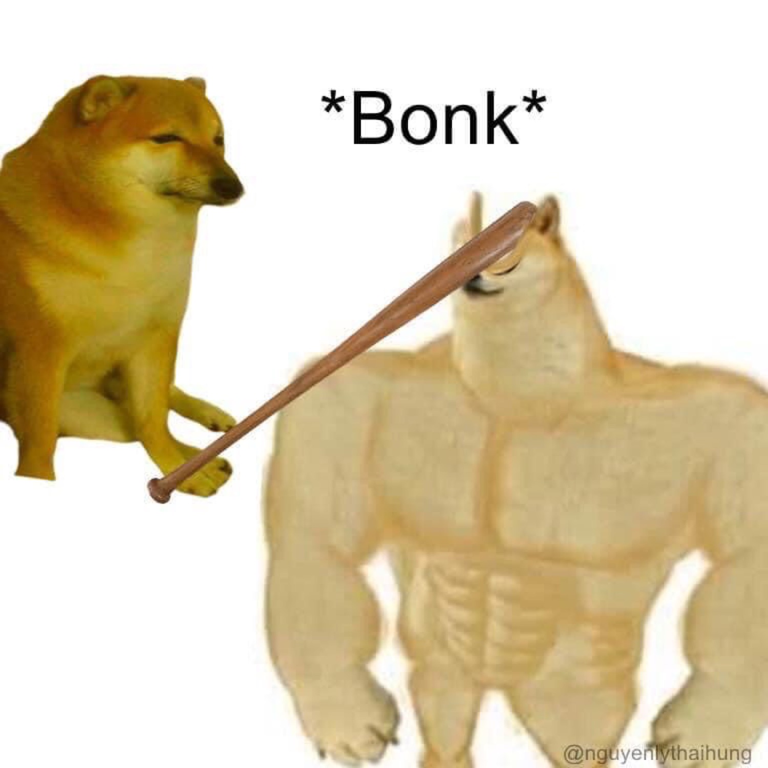 Cheems bonking buff swole doge with a bat: '*Bonk*'